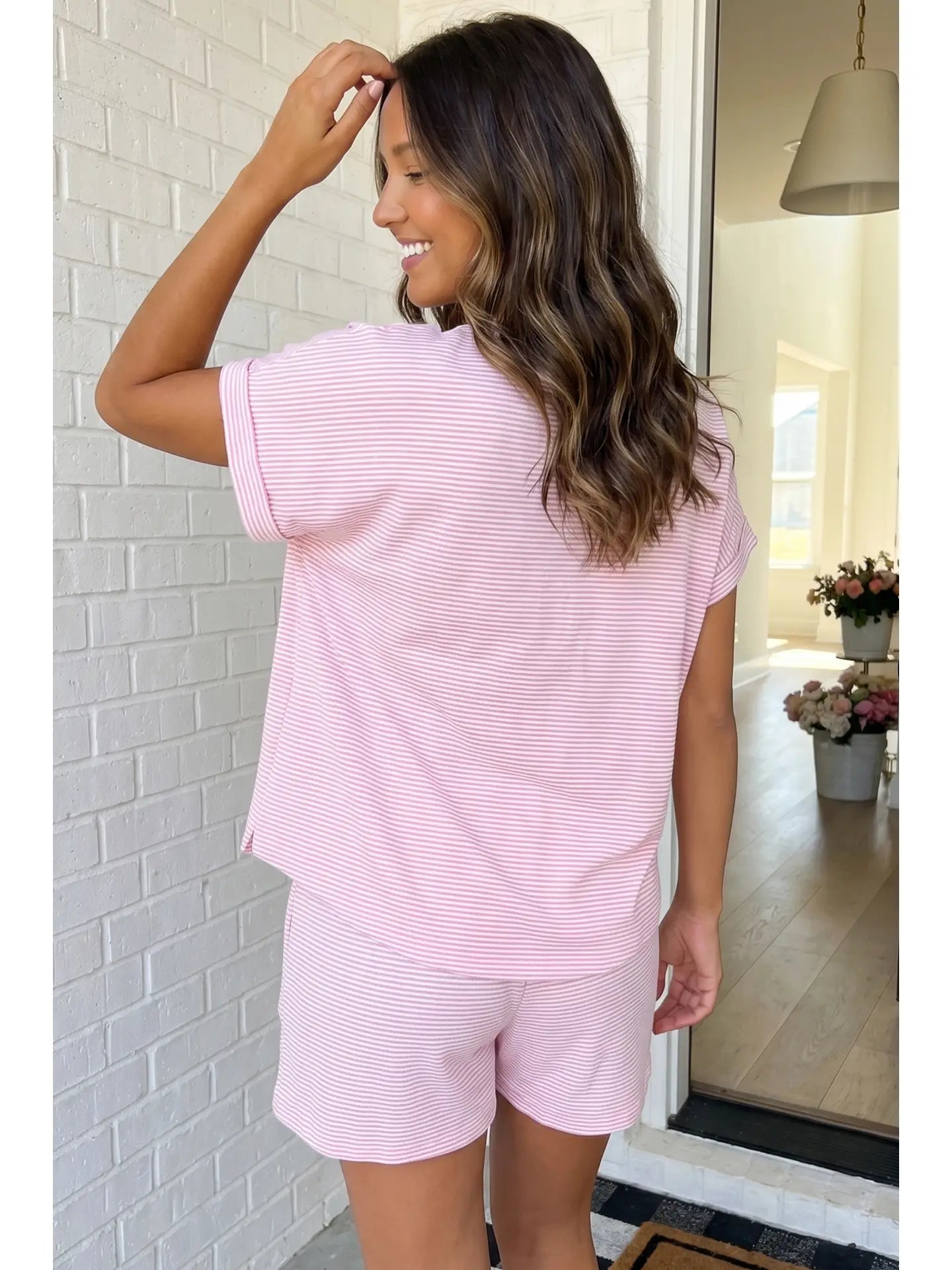 Stripe Matching Short Sleeve Shorts Set