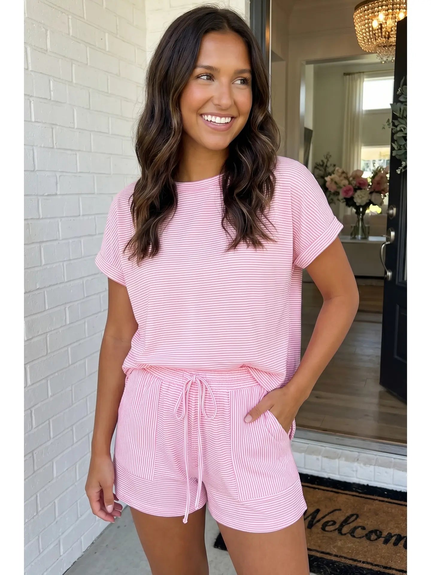 Stripe Matching Short Sleeve Shorts Set